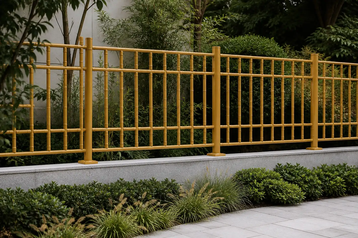 Warm ochre bamboo-look steel fence beside a landscaped courtyard