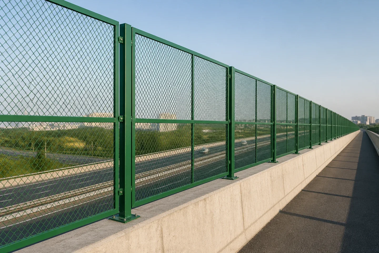 Green framed anti-throw mesh along an elevated highway edge