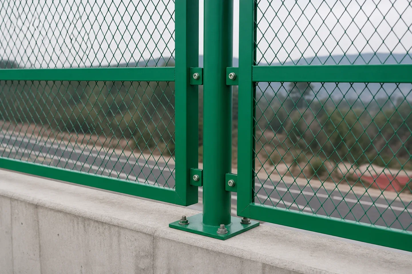 Green screen post and base plate at a concrete edge