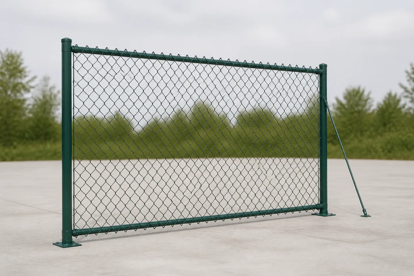 Representative complete dark green chain-link fence bay with posts, top rail and lower support