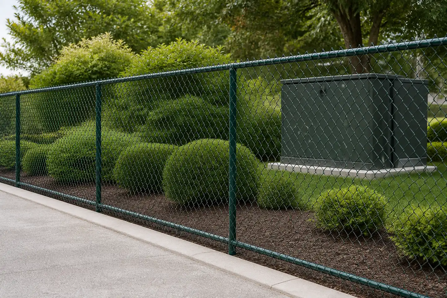 Dark green chain-link fence defining a landscaped commercial boundary