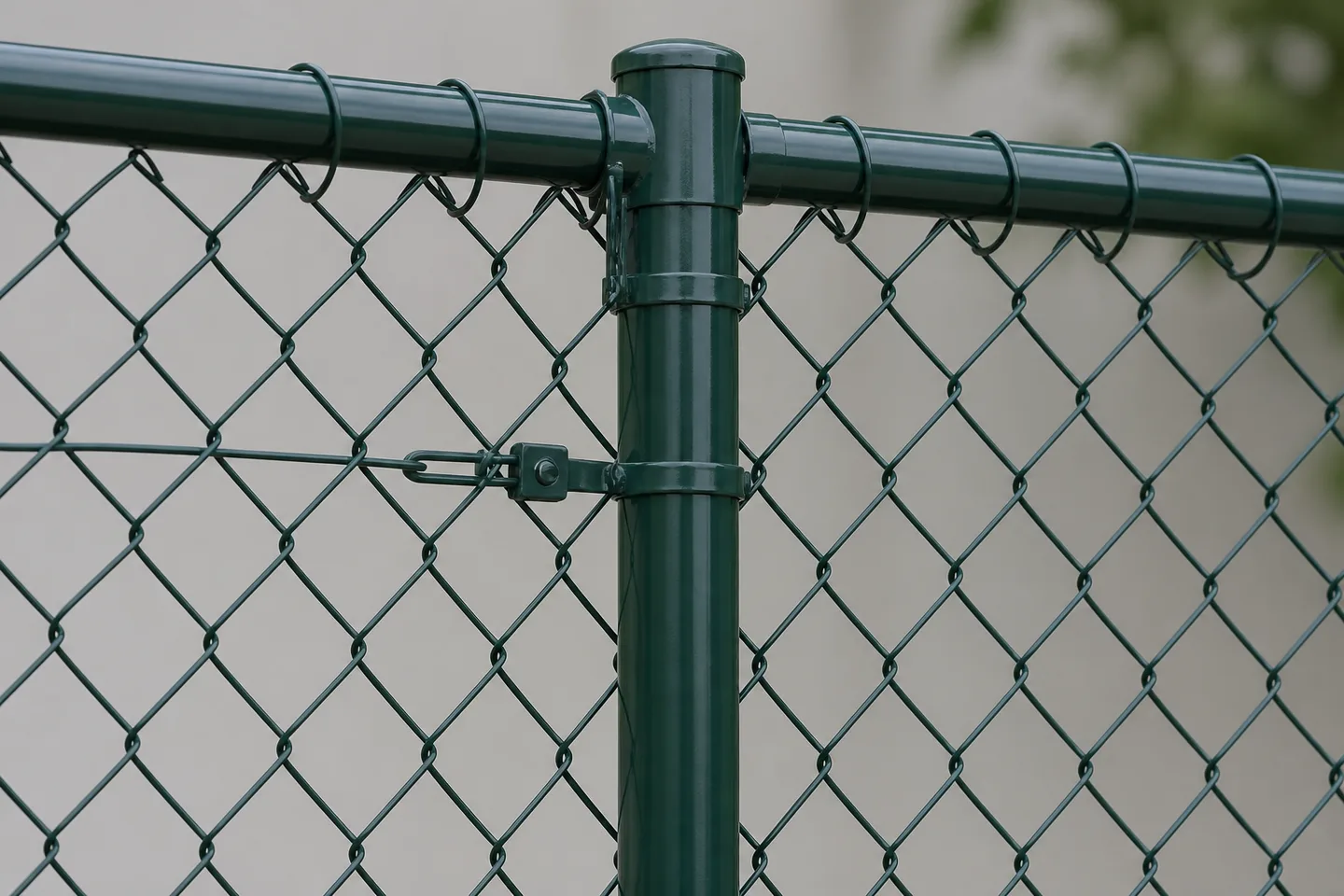 Dark green chain-link mesh connected to a round post and top rail