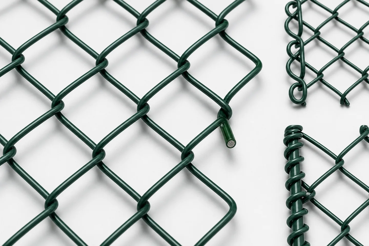 Technical product-family view of green chain-link fabric, coated wire core and edge treatments