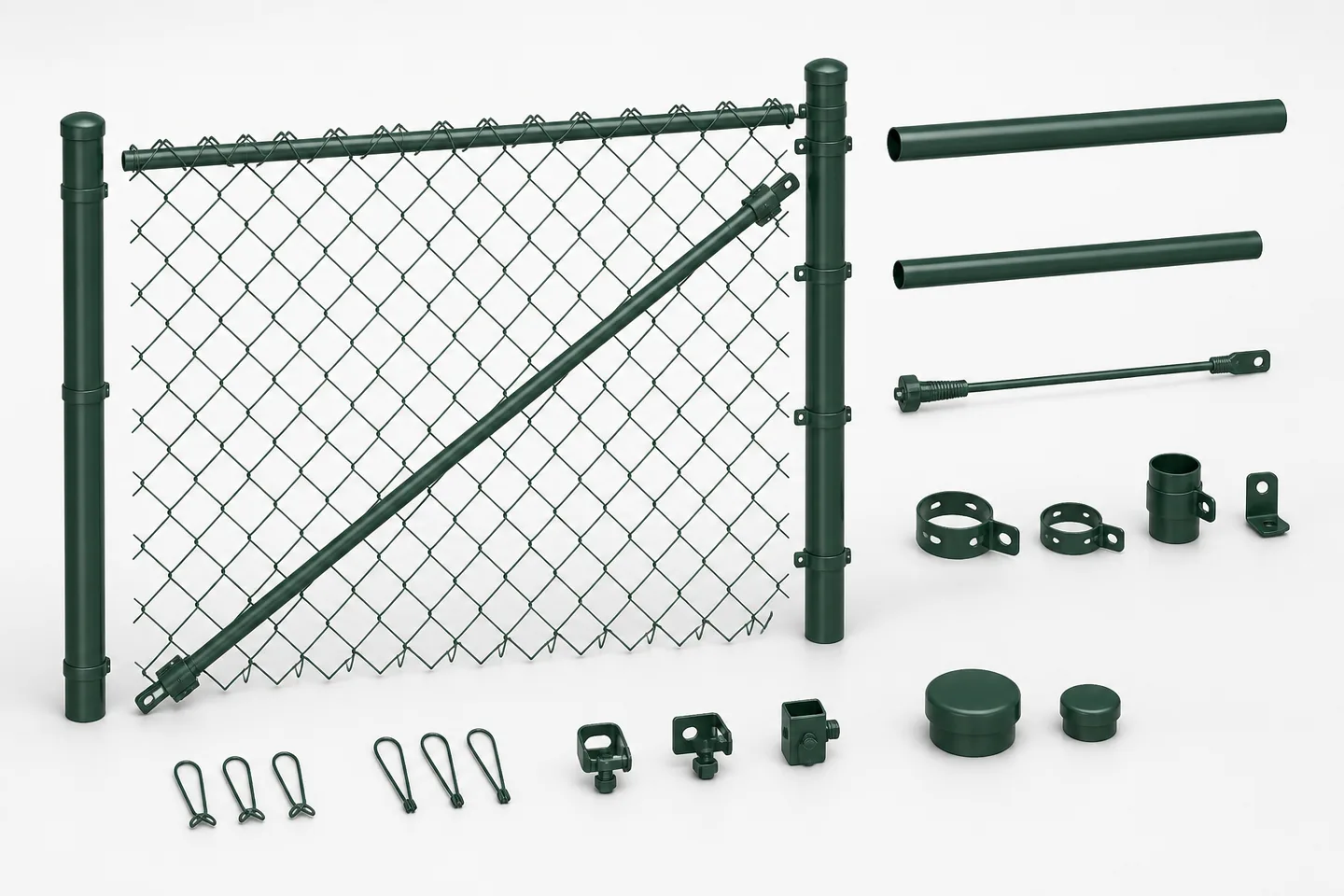 Exploded technical view of green chain-link fabric, posts, rails, braces, ties and fittings