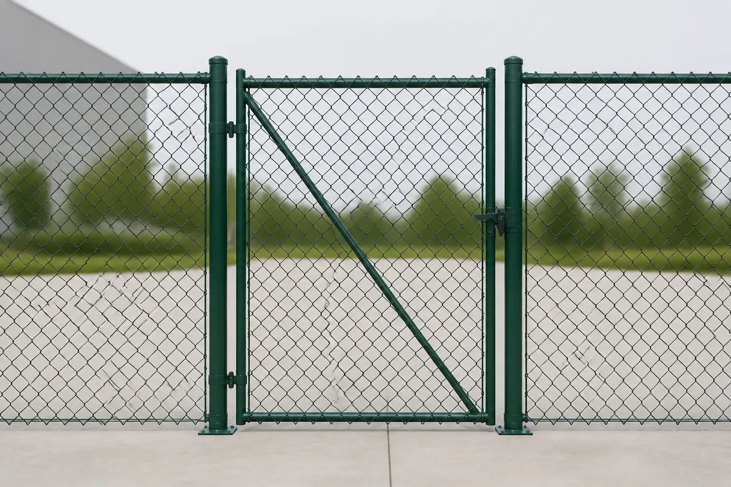 Representative dark green chain-link pedestrian swing gate between fence bays