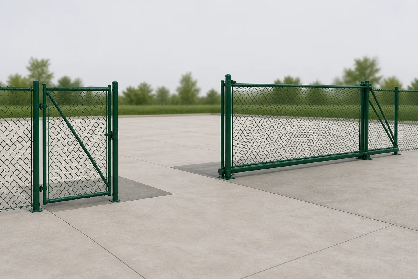 Planning view comparing a green chain-link pedestrian swing gate and wider slide gate opening