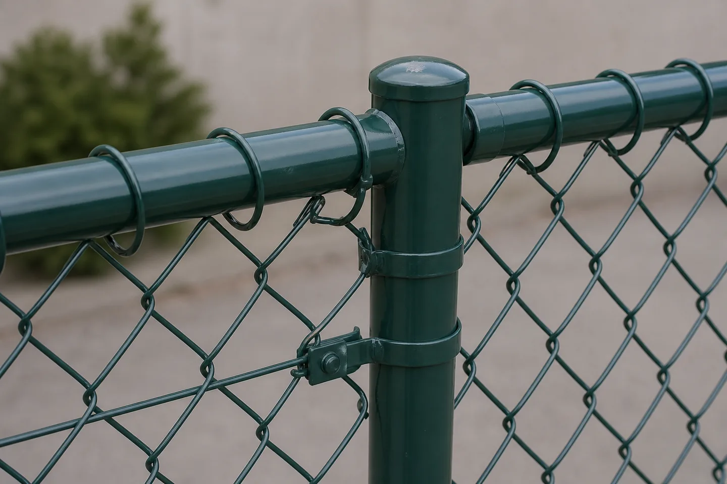 Close representative view of a dark green chain-link post, rail, ties and tension connection