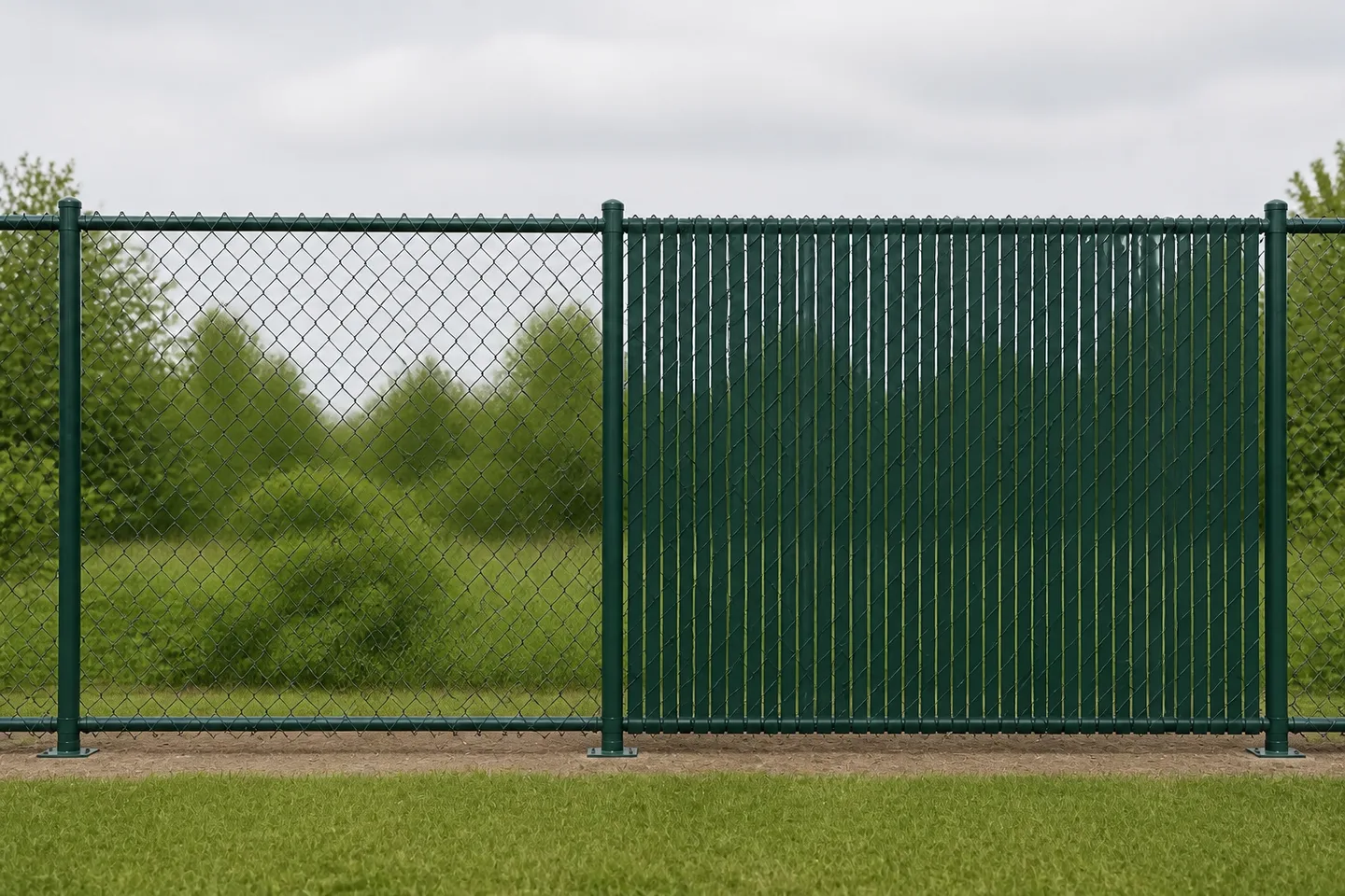 Representative chain-link fence transitioning from open mesh to dark green privacy slats