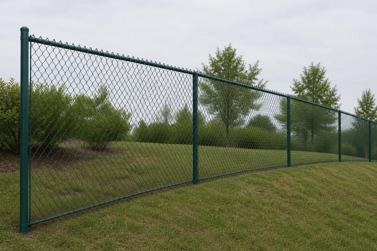 Representative dark green chain-link fence following a grassy slope with a restrained lower edge