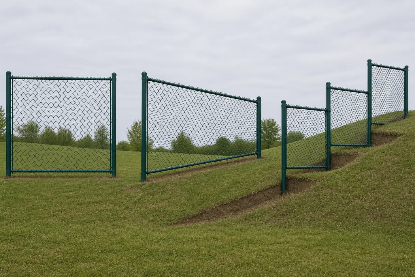 Planning view of level, raked and stepped green chain-link fence runs across changing terrain
