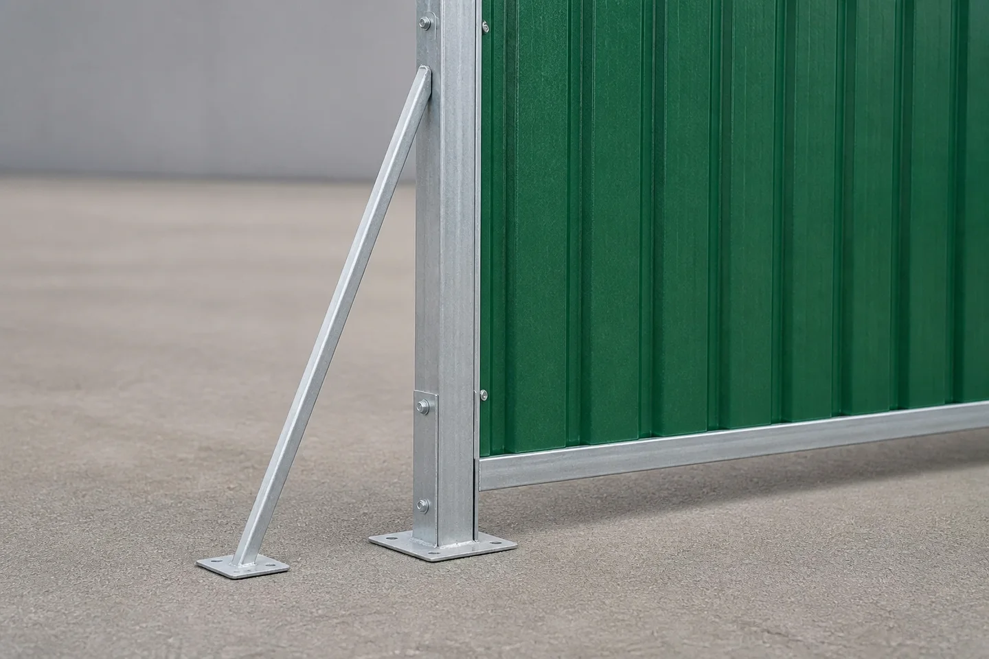 Corrugated steel panel post, base and brace