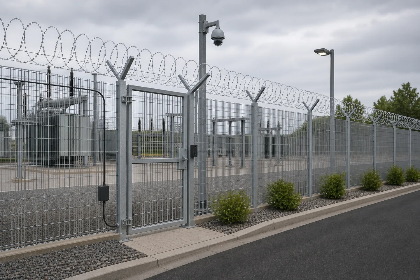 Representative tight-mesh perimeter with CCTV, fence-mounted detection cable, lighting, gate reader and security topping