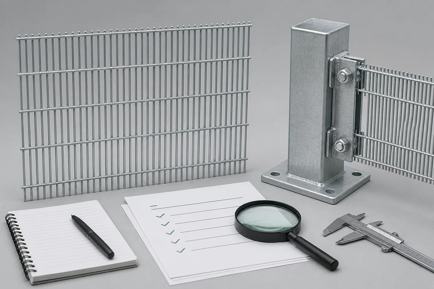 Technical illustration of a security mesh sample, connection, blank evidence sheets, magnifier and caliper