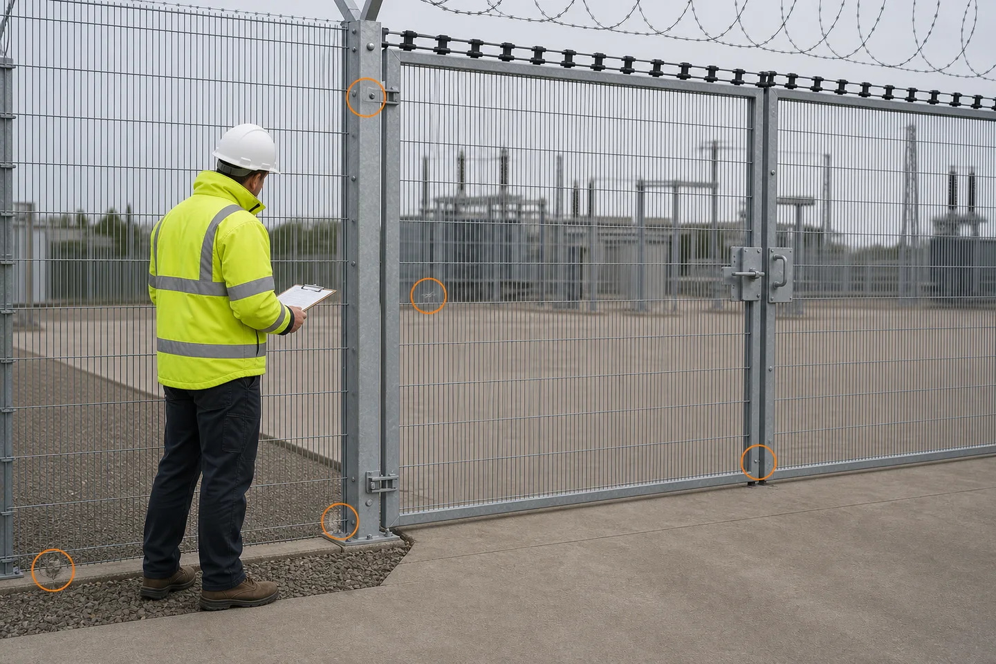 Representative inspector reviewing a tight-mesh fence, gate, connection and ground interface