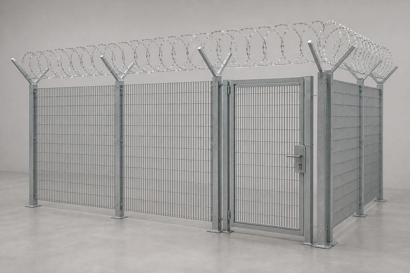 Representative complete 358 mesh fence system with posts, pedestrian gate and perimeter topping