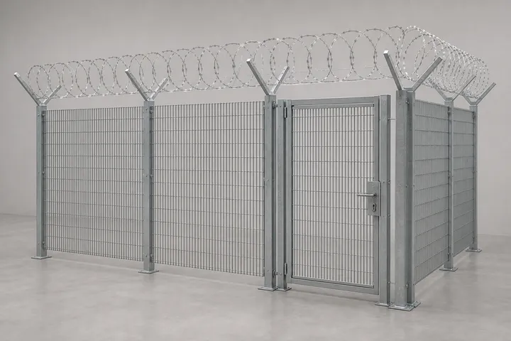 High-security mesh fence system with posts and gate