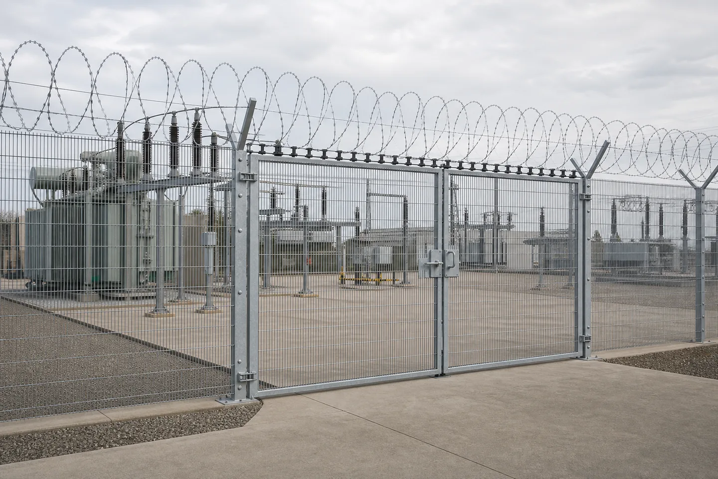 Representative 358 mesh vehicle gate and perimeter fence around an electrical compound