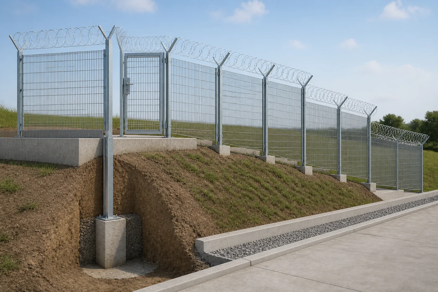 Technical visualization of tight-mesh fencing stepping across a slope with footings, retaining wall and drainage interface