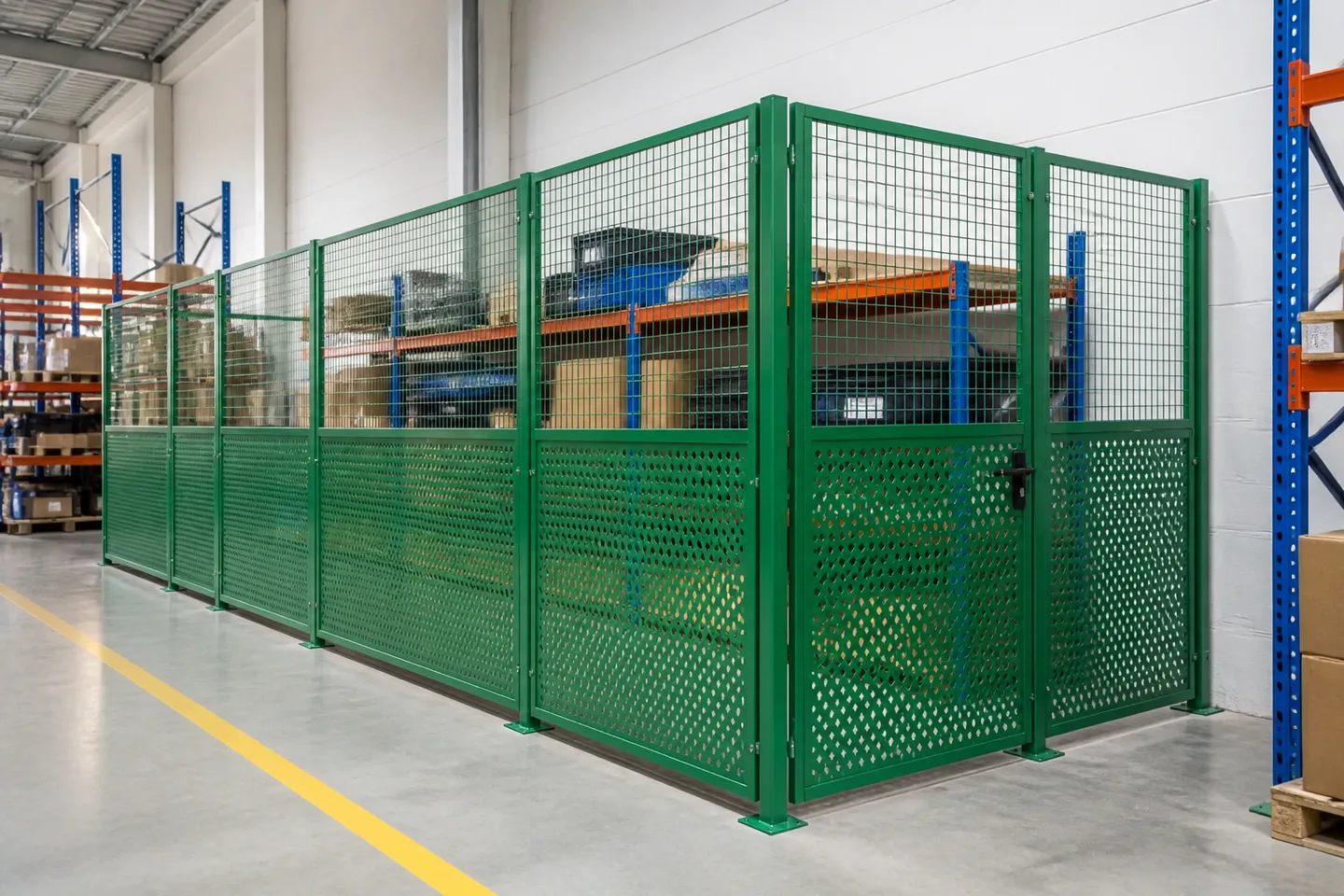 Green framed perforated metal partition panels