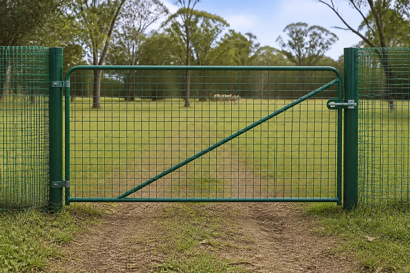 Livestock mesh beside a pasture gate