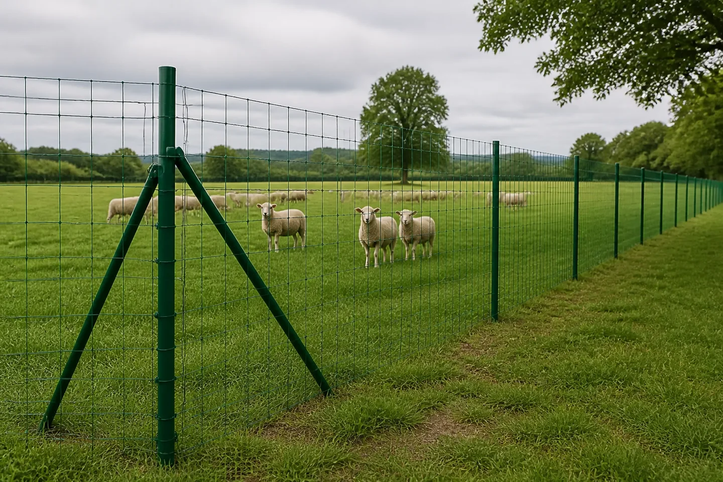Green flexible welded roll mesh around a sheep pasture