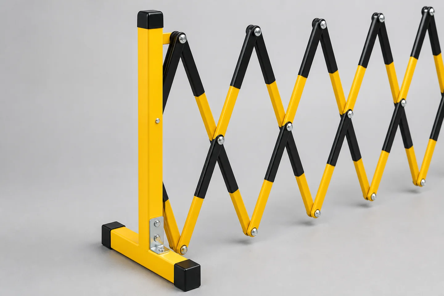 Expandable barrier post, foot and pivot connection