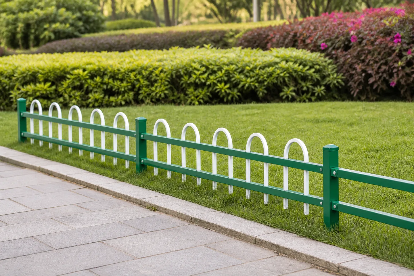 Low green and white loop-picket fence along a maintained lawn