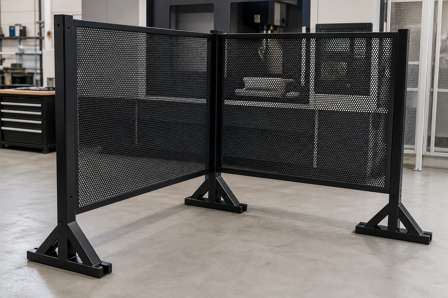 Black mobile perforated screens arranging a temporary workshop zone