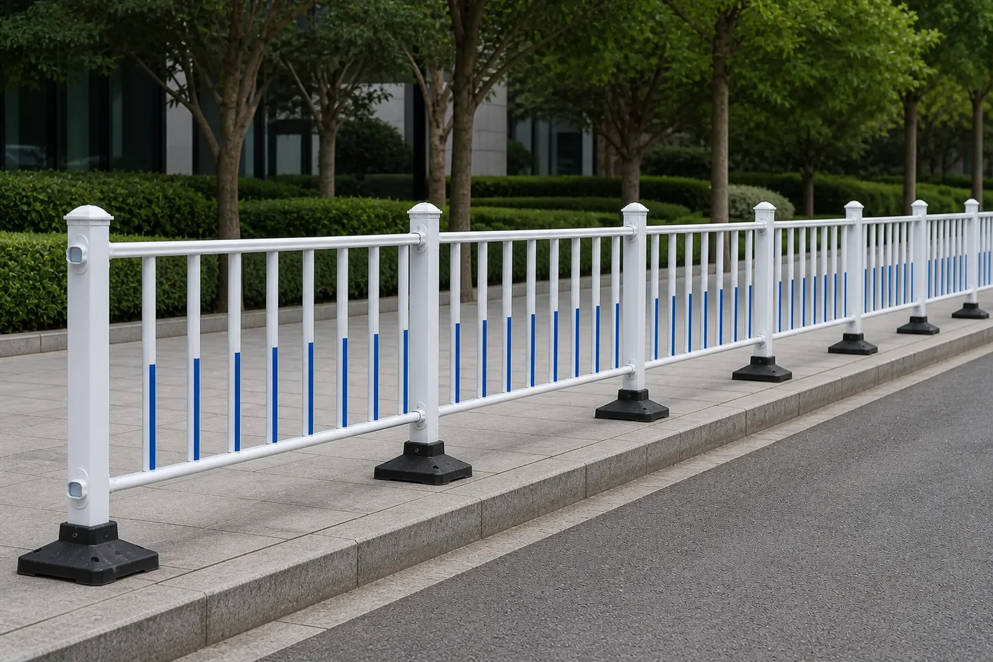 White and blue modular pedestrian barriers along a city sidewalk