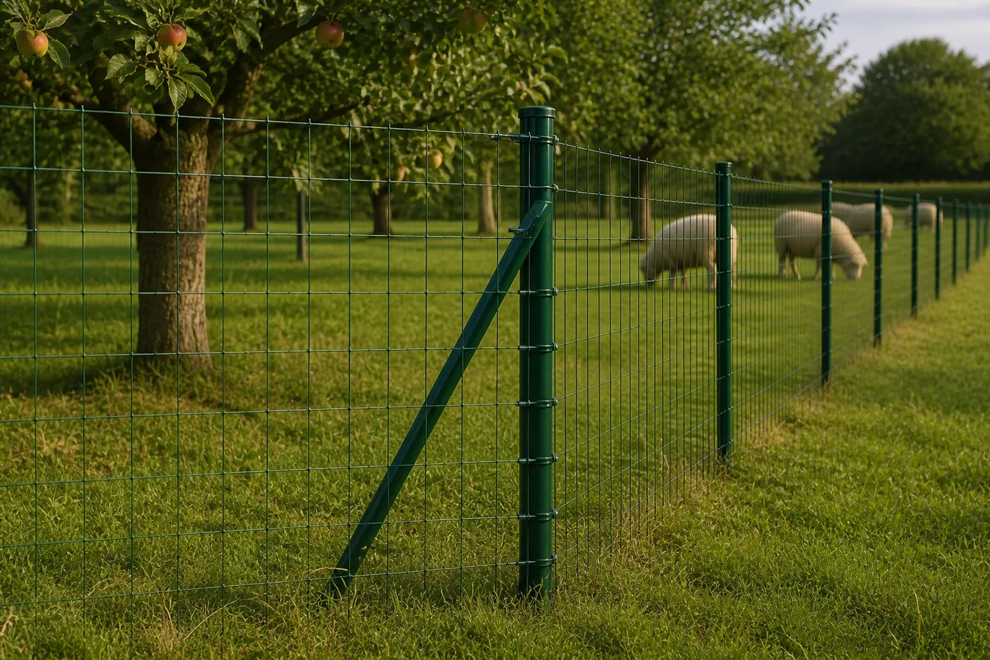 Green roll mesh following an orchard pasture boundary