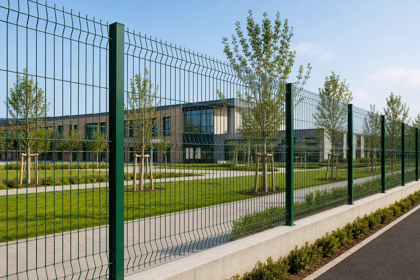 Green 3D fence in a landscaped boundary