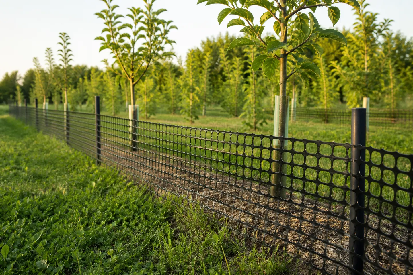 Low black plastic mesh barrier beside young orchard trees