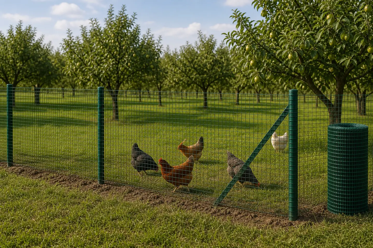 Green flexible roll mesh enclosing chickens in an orchard