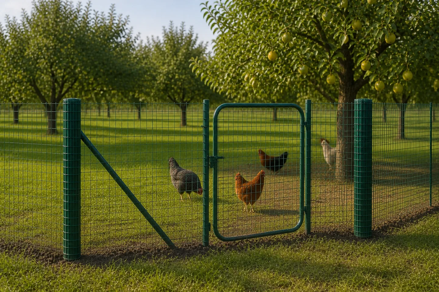 Poultry orchard mesh beside a gate