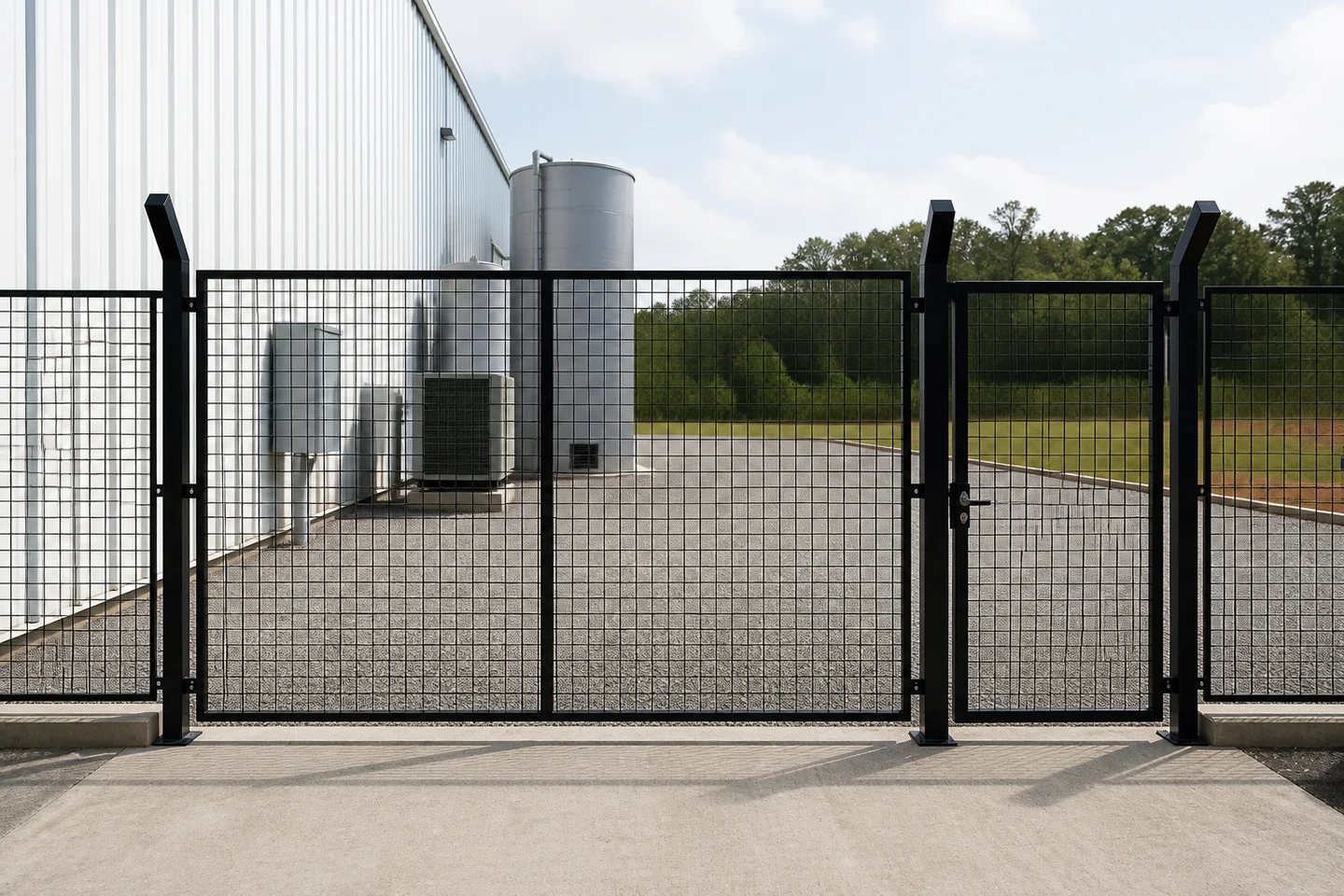 Black framed welded-mesh fence and gate around a utility yard