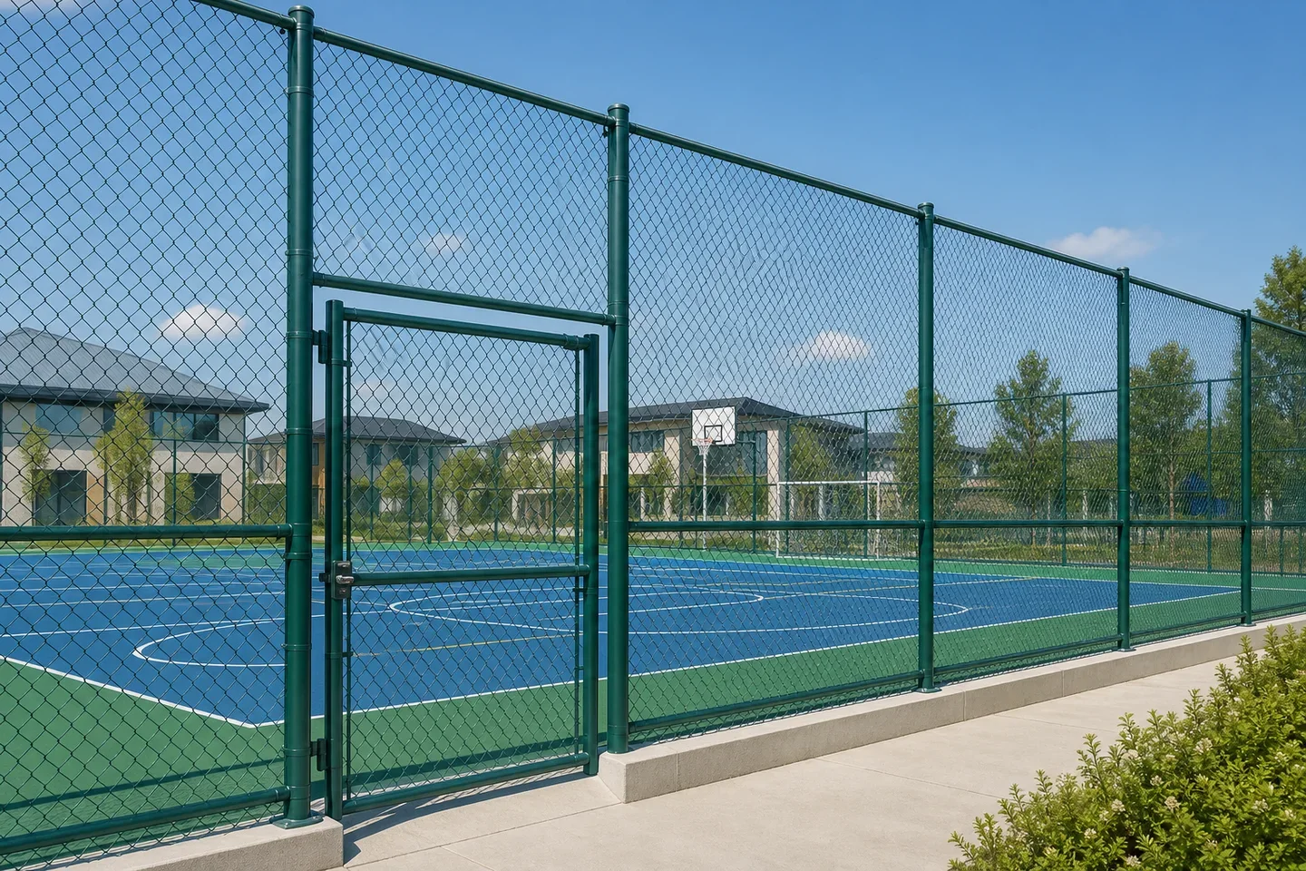 Green sports-court perimeter fence surrounding a playing area