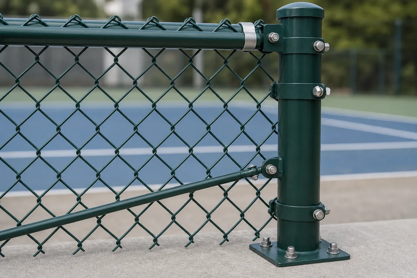 Green sports-fence mesh, horizontal rails and post connection
