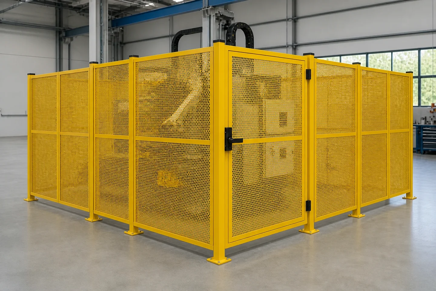 Yellow framed perforated metal partition