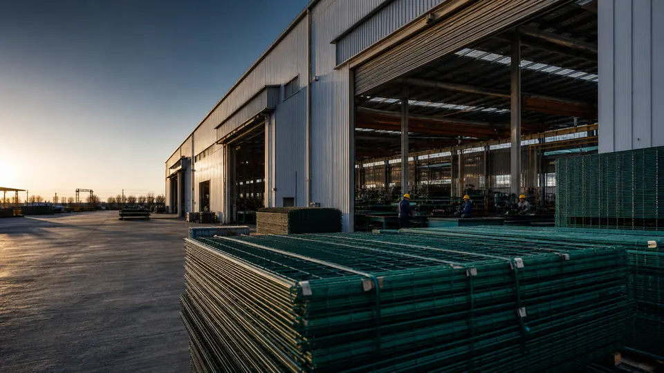 Wire mesh fence panels inside a production workshop